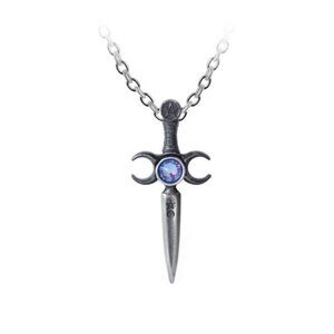 Athame Pendant – Alchemy Gothic Wiccan Dagger w/ Crescent Moons & Blue Crystal